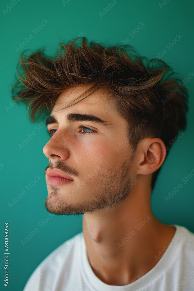 Side profile of a young man displaying a messy textured crop haircut against a teal background Side profile of a young man displaying a messy textured crop haircut against a teal background