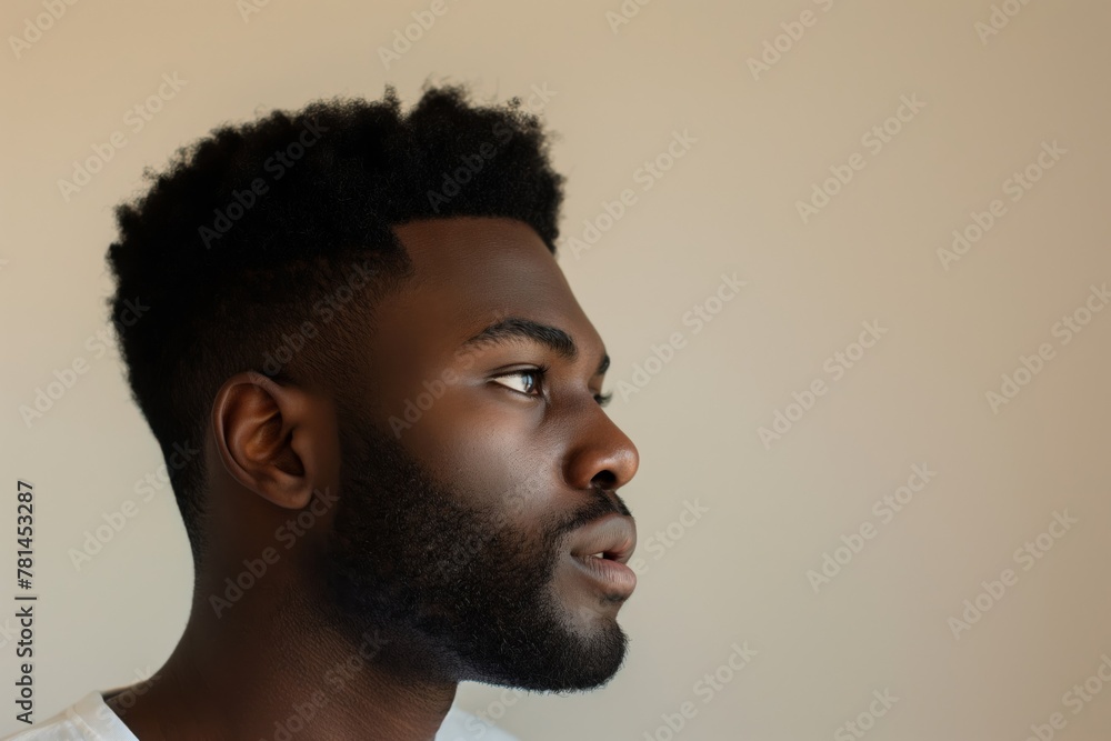 Side view of a young man sporting a modern fade hairstyle with meticulous facial hair against a neutral background