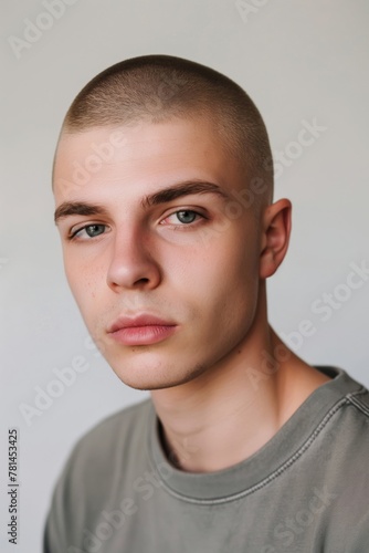 Close-up of a young male with a neat buzz cut against a soft background
