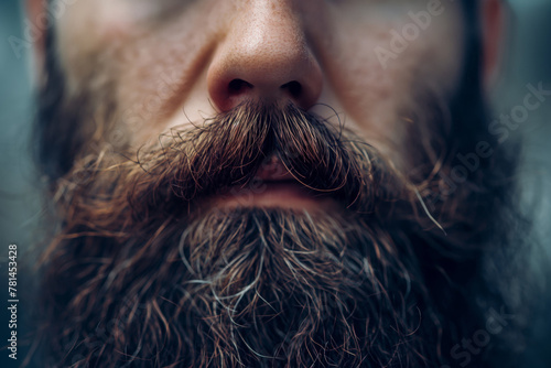 Close-up detailed portrait of a well-groomed man with a stylish beard and mustache, showcasing the texture, sharpness, and elegance of his facial hair photo