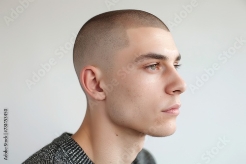 Profile view of a young man with a neat buzz cut against a light background