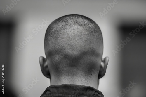 Detailed black and white photo capturing the texture and precision of a man's buzz cut photo