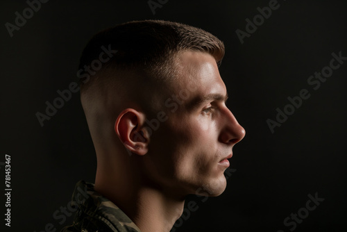 Side profile of a young man showcasing a fresh buzz cut on a dark background