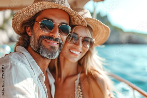 A man and a woman are on a boat, sailing across the water. They are likely enjoying the scenery and each others company on this leisurely cruise