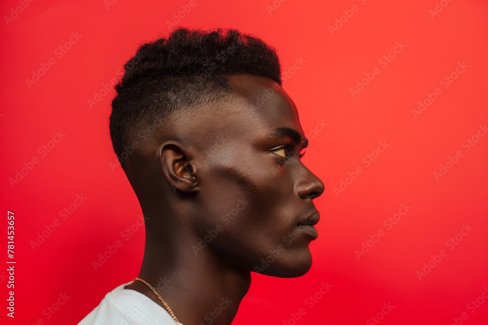 Profile view of a man with a modern fade haircut, showcasing the detailed styling against a vivid red backdrop Profile view of a man with a modern fade haircut, showcasing the detailed styling against a vivid red backdrop
