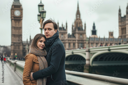 A man and woman are standing side by side in front of a clock tower in London. The iconic structure looms behind them, emphasizing the grandeur of the citys architecture © Jelena