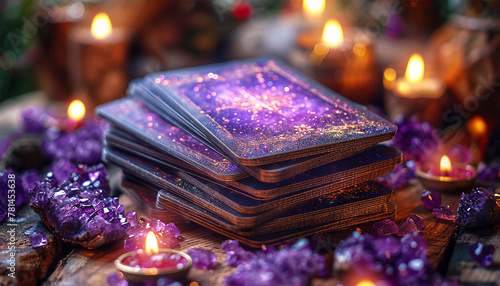 Tarot cards with candle light purple colors. fortuneteller reads fortunes by tarot cards and candles on the background. Astrology occult magic spiritual horoscopes and palm reading © annebel146