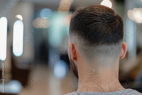 Detailed image showcasing the neat lines of a man's fade hairstyle from a rear perspective