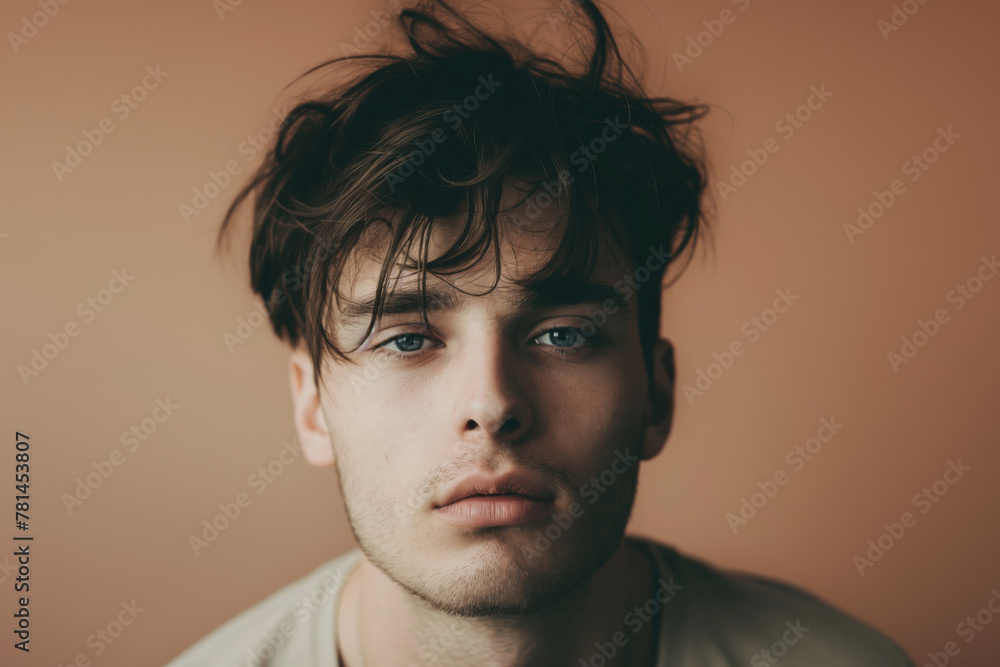 Close-up portrait of a young male with a messy fringe hairstyle against a soft background Close-up portrait of a young male with a messy fringe hairstyle against a soft background