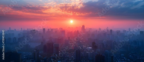 Cityscape Warmth: Urban Heat Island Effect at Sunset. Concept Urban Heat Island, Sunset Photography, City Skyline, Climate Change, Environmental Impact