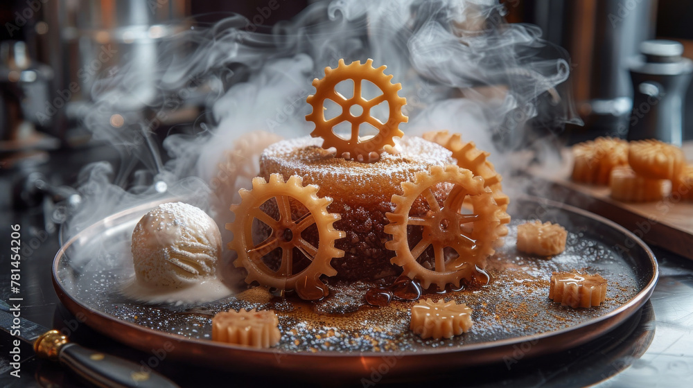 Steampunk dessert with caramelized gears and whimsical smoke, a blend of cuisine and engineering Steampunk dessert with caramelized gears and whimsical smoke, a blend of cuisine and engineering