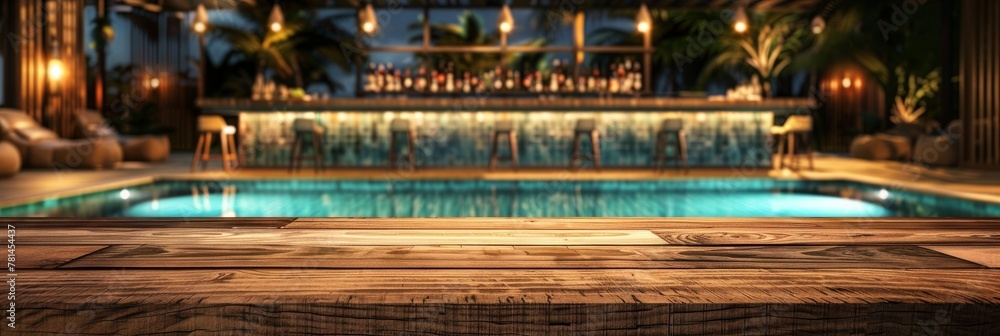 Table Pool Mockup, Wooden Background Space by Hotel Swimming Pool Bar, Copy Space