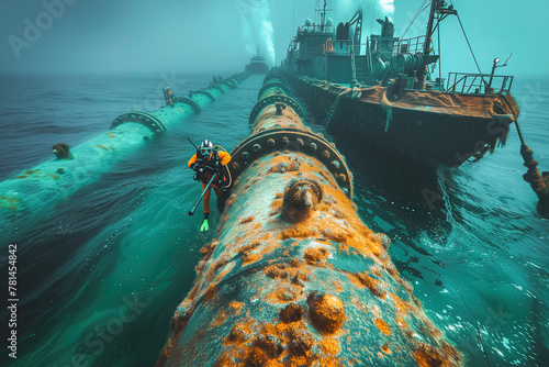 Capture the challenging process of installing underwater oil pipelines.  photo