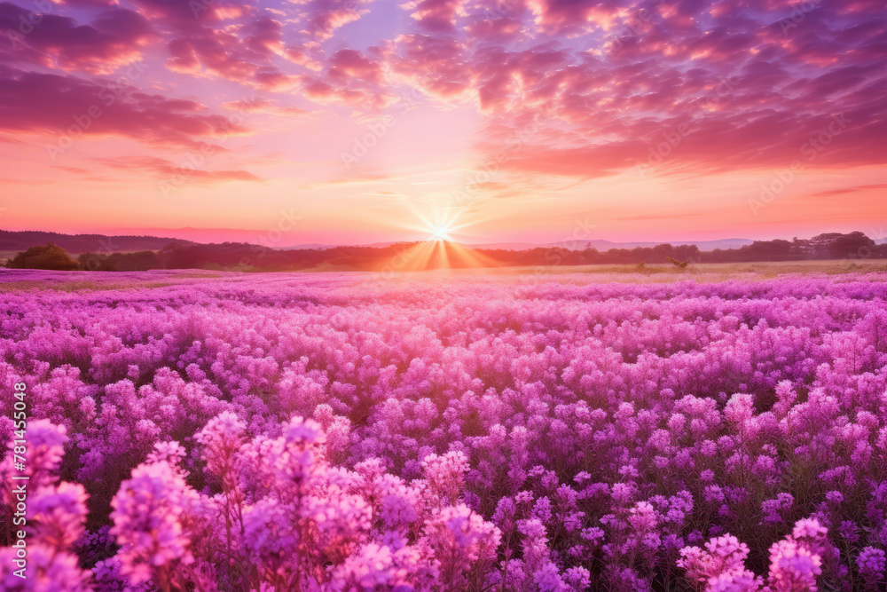 A sunset over field of purple flowers. Background, copy space, wallpaper. Shallow depth of field