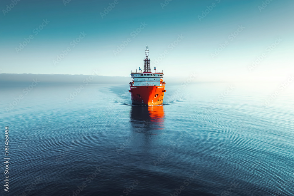 A large orange and white boat is seen floating on top of a body of water. The boat appears to be stationary and is reflecting off the waters surface A large orange and white boat is seen floating on top of a body of water. The boat appears to be stationary and is reflecting off the waters surface