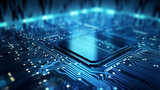Abstract blurred background with a microprocessor. Digital technology concept, background. Shallow depth of field, blur
