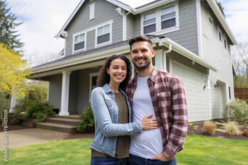 A happy young couple standing in front of a new house. Shallow depth of field