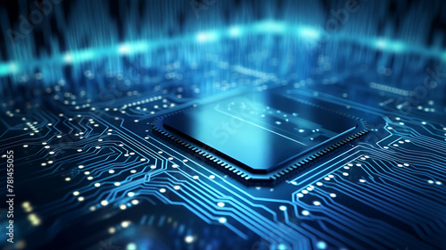 Abstract blurred background with a microprocessor. Digital technology concept, background. Shallow depth of field, blur