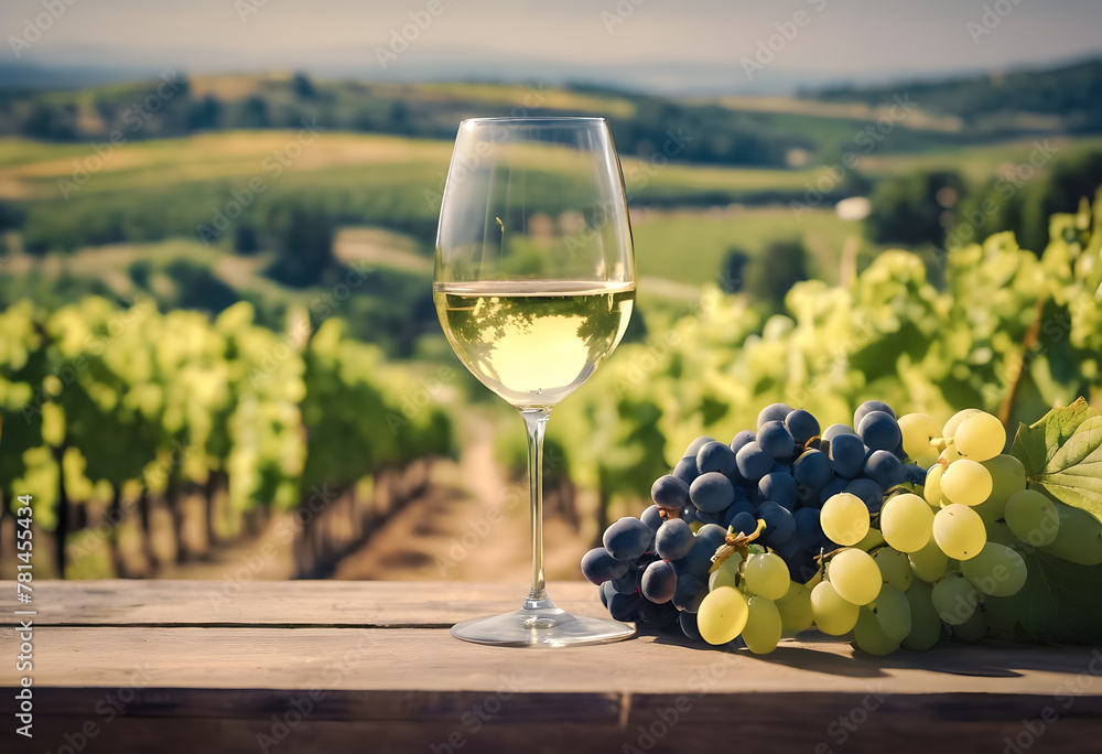 A glass of white wine with a bunch of grapes on a wooden table overlooking a sunlit vineyard.