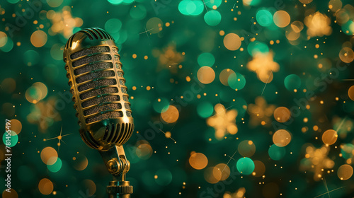 Microphone with Sparkles on Teal Bokeh Background