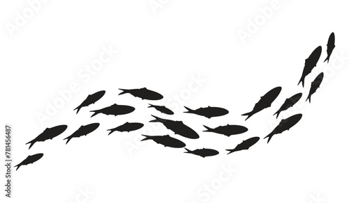 Silhouette of a school of fish, diagonal wavy school of fish on a white background.