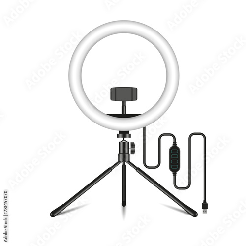 Realistic LED selfie makeup ring light with phone holder. USB