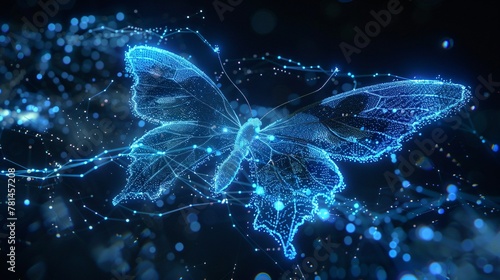 Abstract butterfly composed of neon blue light particles soaring over a futuristic technology canvas representing digital metamorphosis in a mesmerizing particle effect style © Sara_P