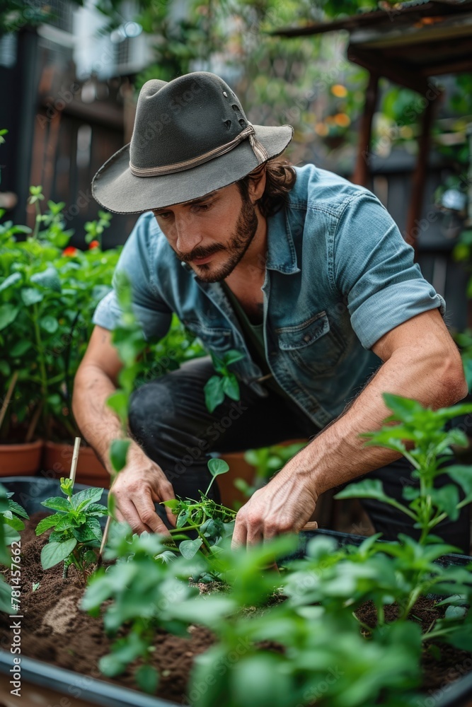 Fototapeta premium man planting herbs or vegetables in a small backyard garden. ai generated