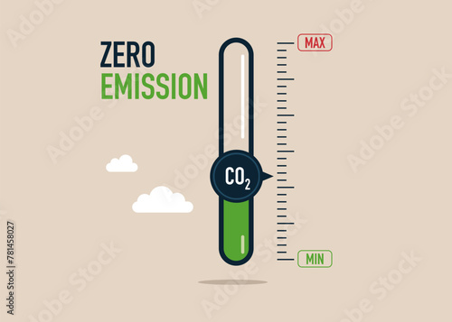 Turning gauge arrow pointer to lowest level of CO2. New energy to energy and transportation. Zero emission. Flat vector illustration