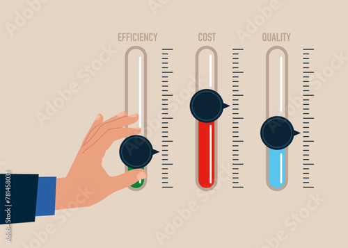 Hand turning gauge.  Level control и business cost optimization,  efficiency and quality. Modern vector illustration in flat style.