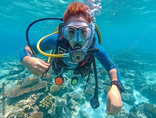 A woman is scuba diving in the ocean. She is wearing a blue wetsuit and a yellow and black scuba gear © MaxK