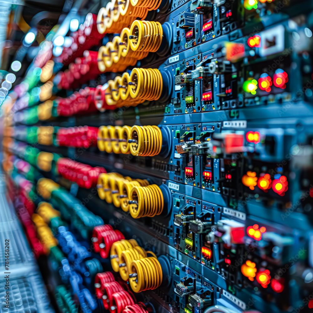 A row of colorful wires with a red light on the right. The wires are in different colors and are connected to each other A row of colorful wires with a red light on the right. The wires are in different colors and are connected to each other