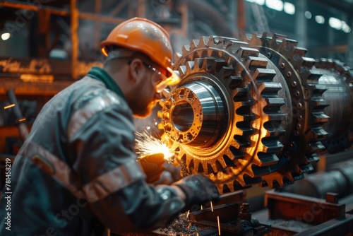 Heavy industry plant, modern equipment, gears, engineers and workers