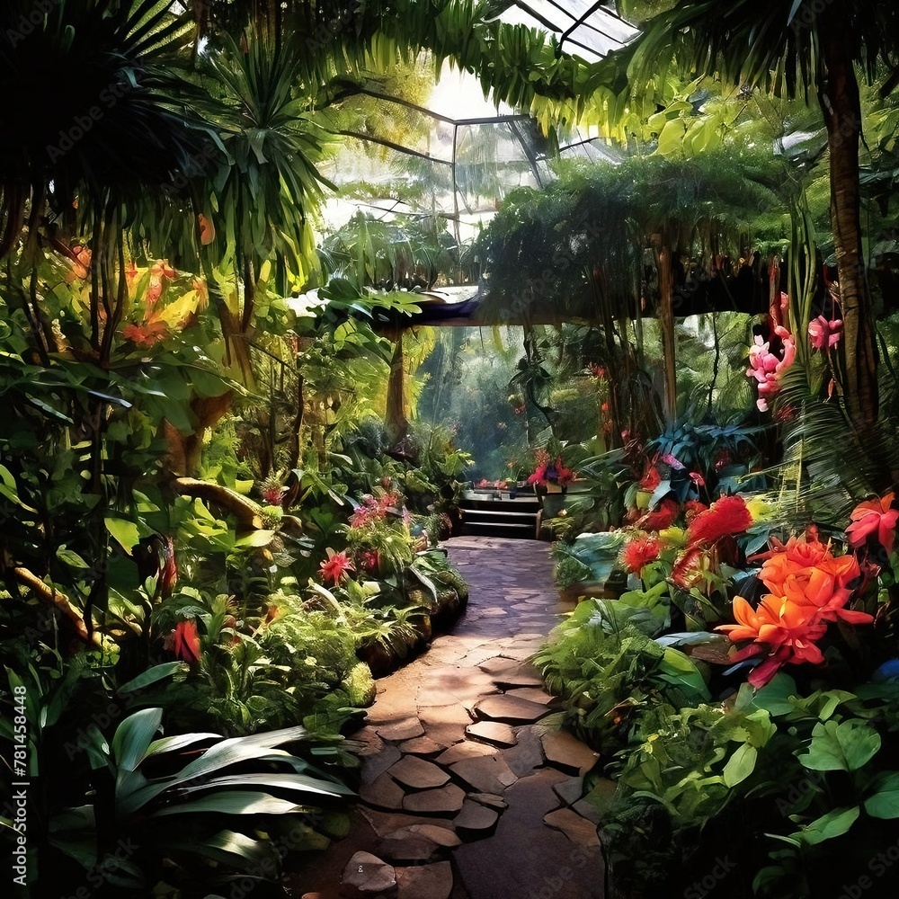 A lush tropical garden with exotic plants and flowers