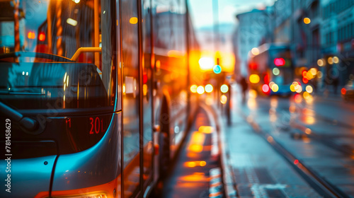 Close up of modern tram in city street, blurry background with buildings and traffic lights, sunset light photo