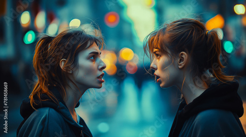 A young couple in love, facing each other and having an argument on a city street at night photo