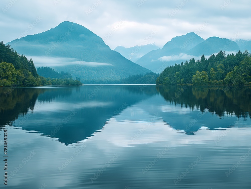 A beautiful lake with mountains in the background. The water is calm and still, reflecting the trees and mountains. The scene is serene and peaceful