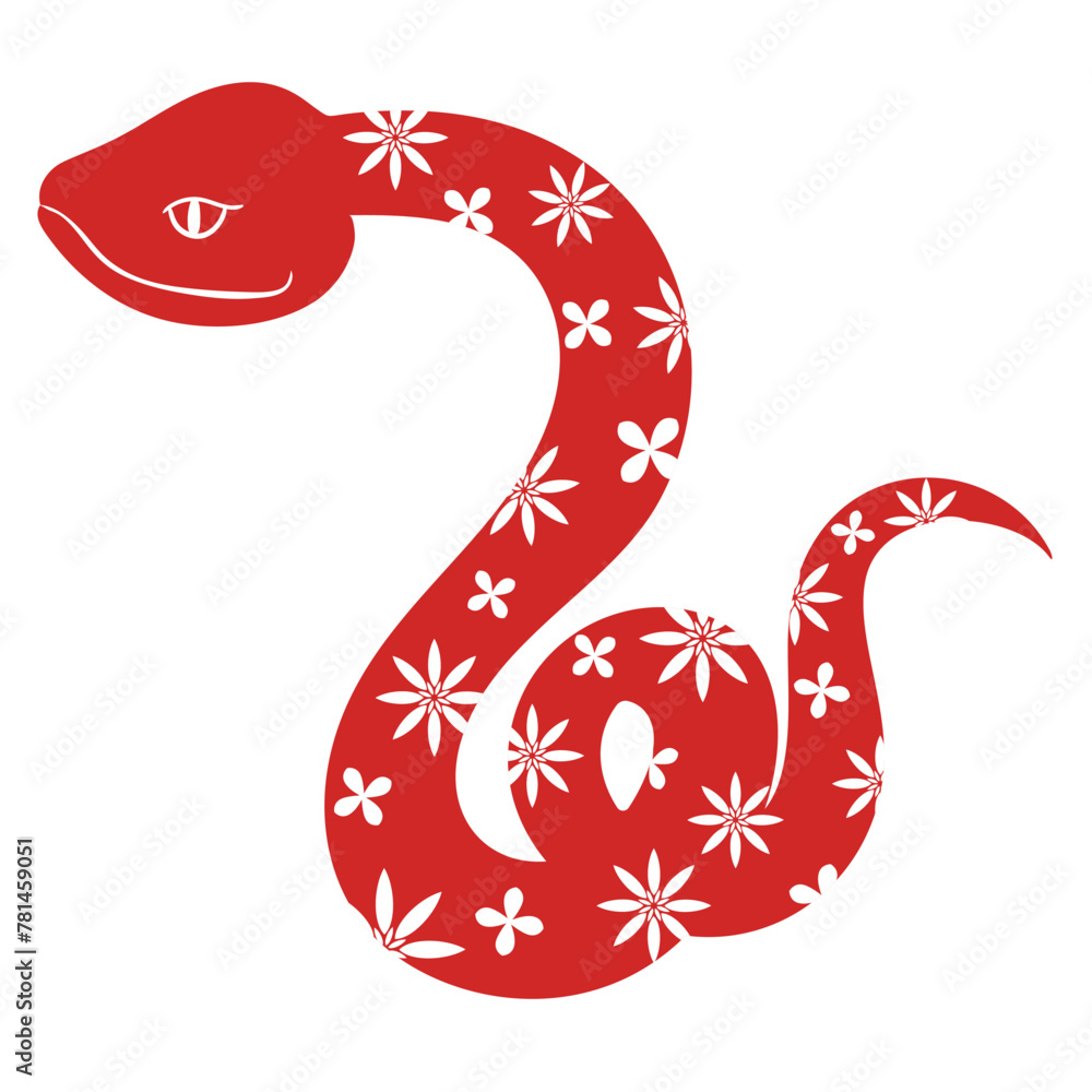 Chinese New Year snake character vector. Zodiac sign year of the snake with cherry blossom flower pattern on snake red color. Illustration design of background, card, sticker, calendar. Chinese New Year snake character vector. Zodiac sign year of the snake with cherry blossom flower pattern on snake red color. Illustration design of background, card, sticker, calendar.