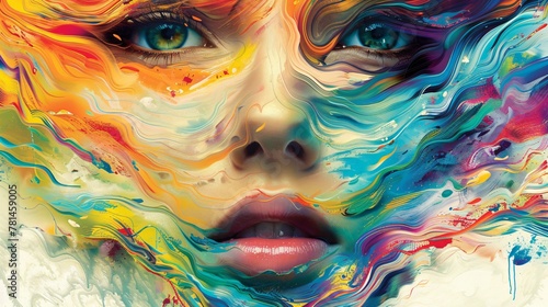 Face framed by vibrant waves of color symbolizing bold expression captured in a striking graphic illustration style