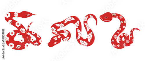 Chinese New Year snake design vector set. Element zodiac sign year of the snake with cherry blossom flower pattern on snake red color. Illustration design of background, card, sticker, calendar.
