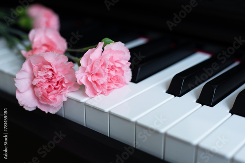 Pink flower on black and white piano keys
