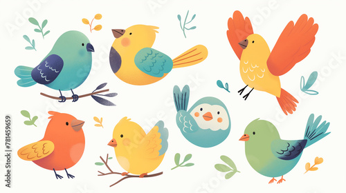 Conjunto de pássaros coloridos no fundo branco - Ilustração  photo