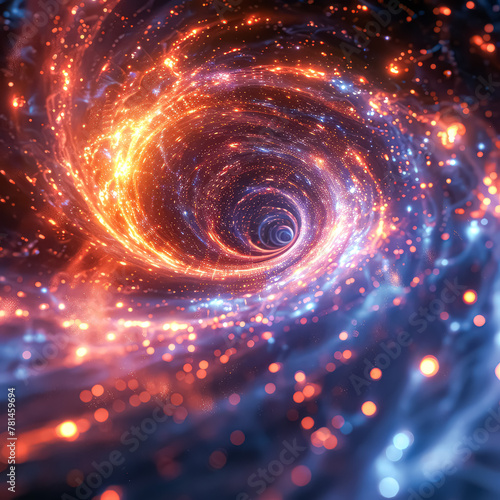 A spiral galaxy with a blue center and orange and blue swirls. The galaxy is filled with stars and is surrounded by a bright blue background. The colors of the galaxy create a sense of movement