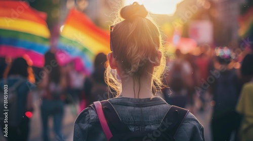 Rear view of a person observing a pride parade, blurred rainbow flags in the distance