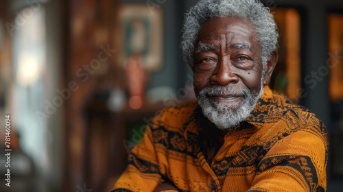 frican American Senior Man at home Portrait. Smiling senior man looking at camera. Portrait of black confident man at home. Portrait of a senior man standing against a grey background.
