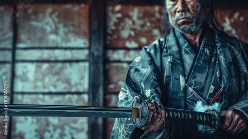 Elderly samurai holding a katana sword with determination.