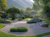 A serene garden with a pond and a rock garden. The pond is surrounded by rocks and a small hill. The garden is a peaceful place to relax and enjoy nature