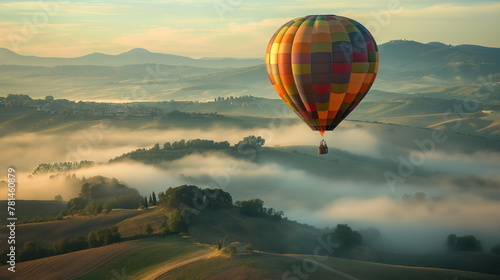 Colorful hot air balloon floating over a misty valley