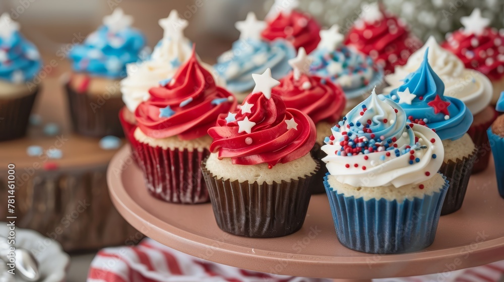 Patriotic cupcakes with red, white, and blue frosting topped with stars.