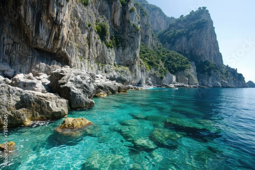 The dramatic cliffs and clear, turquoise waters of the  Italy, AI generated © Tanu